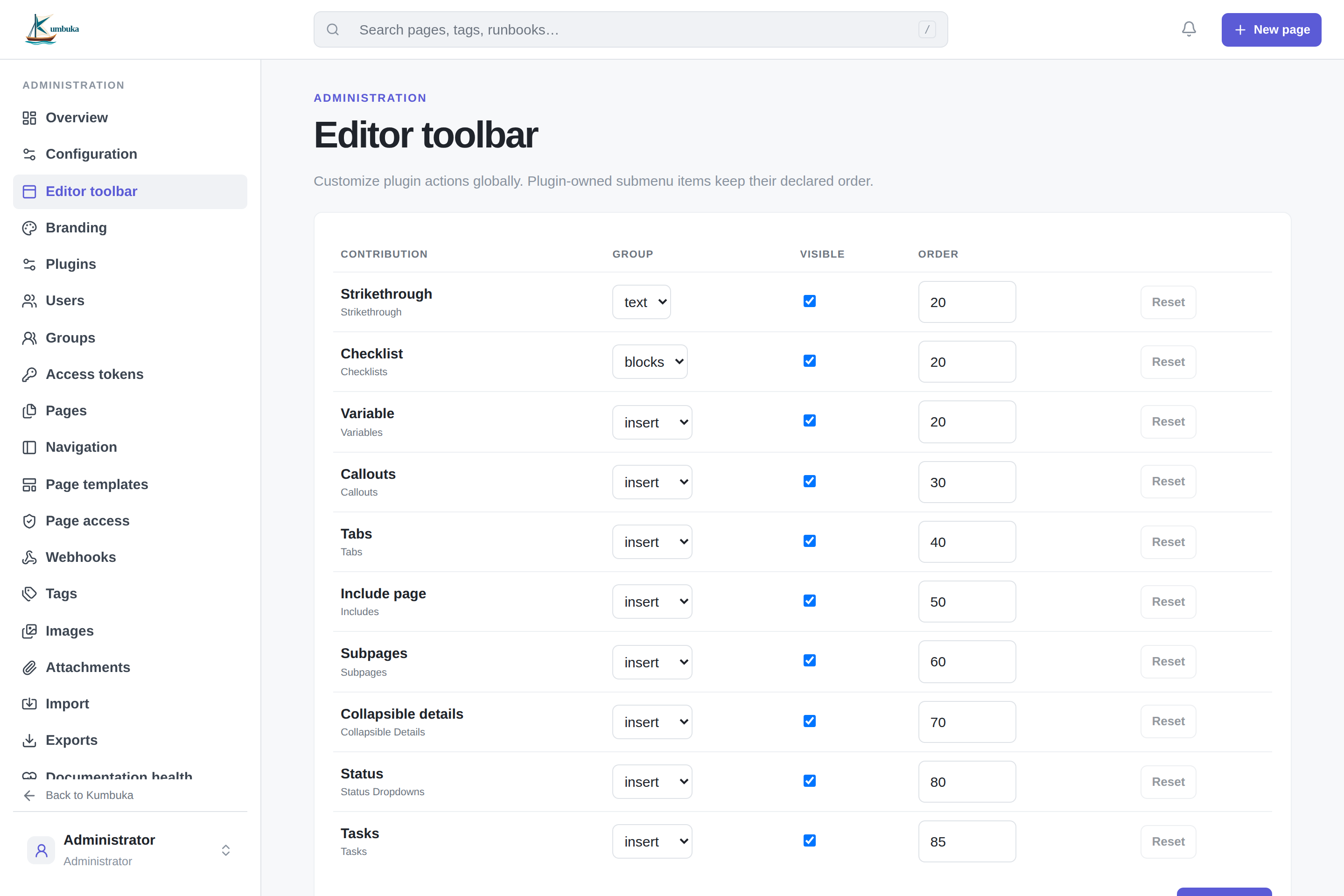 Editor toolbar administration with plugin contributions and ordering controls
