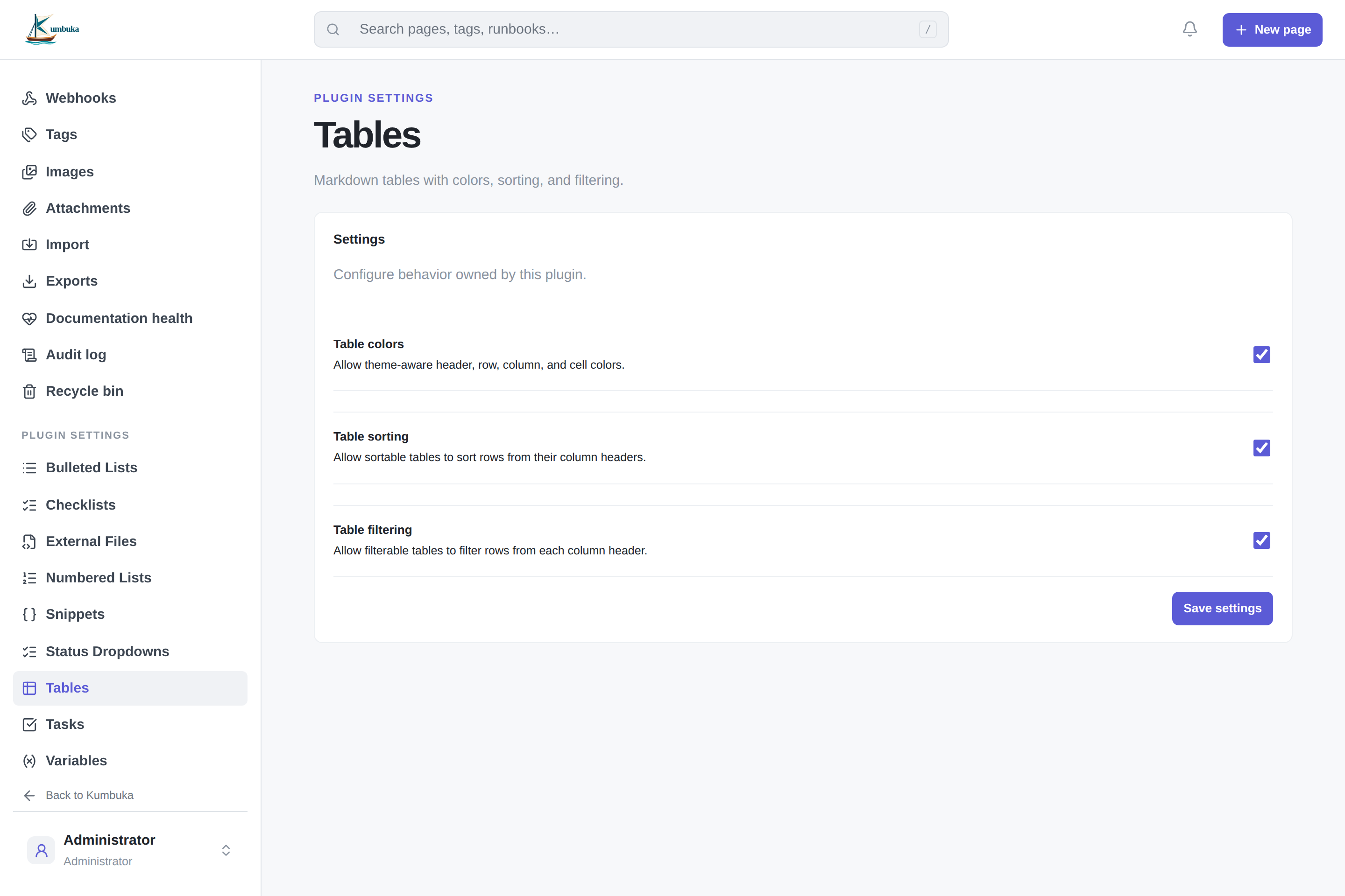 Plugin settings for the bundled Tables plugin