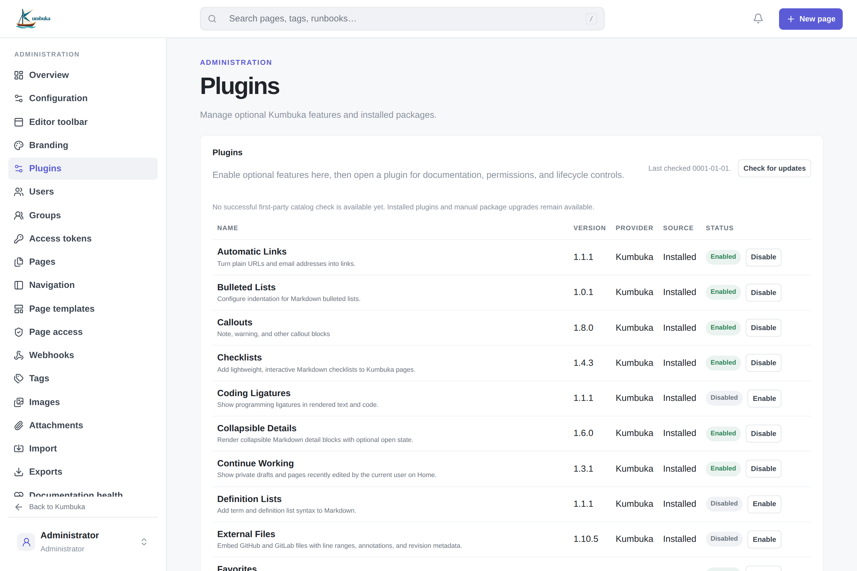 Plugin administration with bundled plugin status and update controls