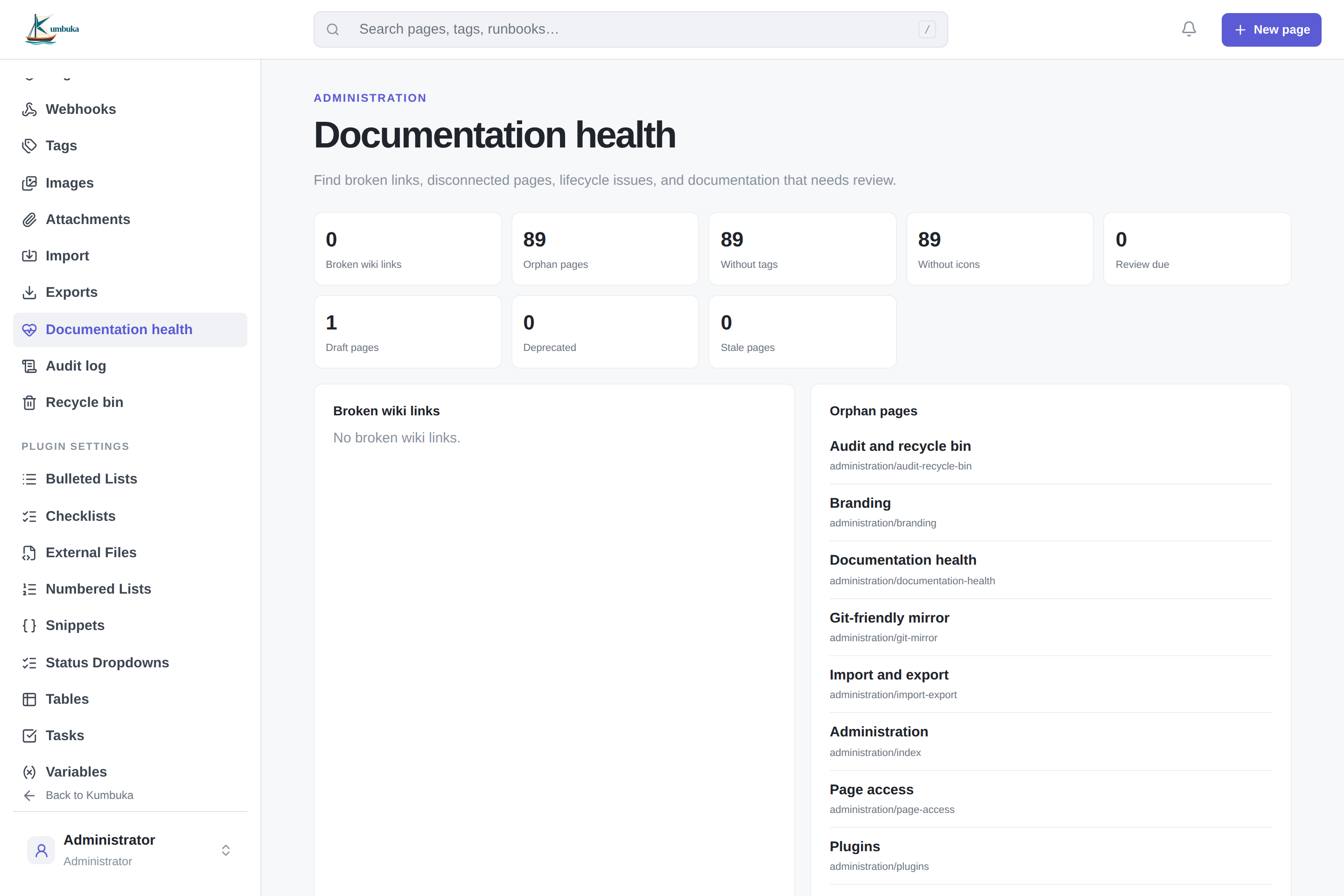 Documentation health overview with actionable page groups