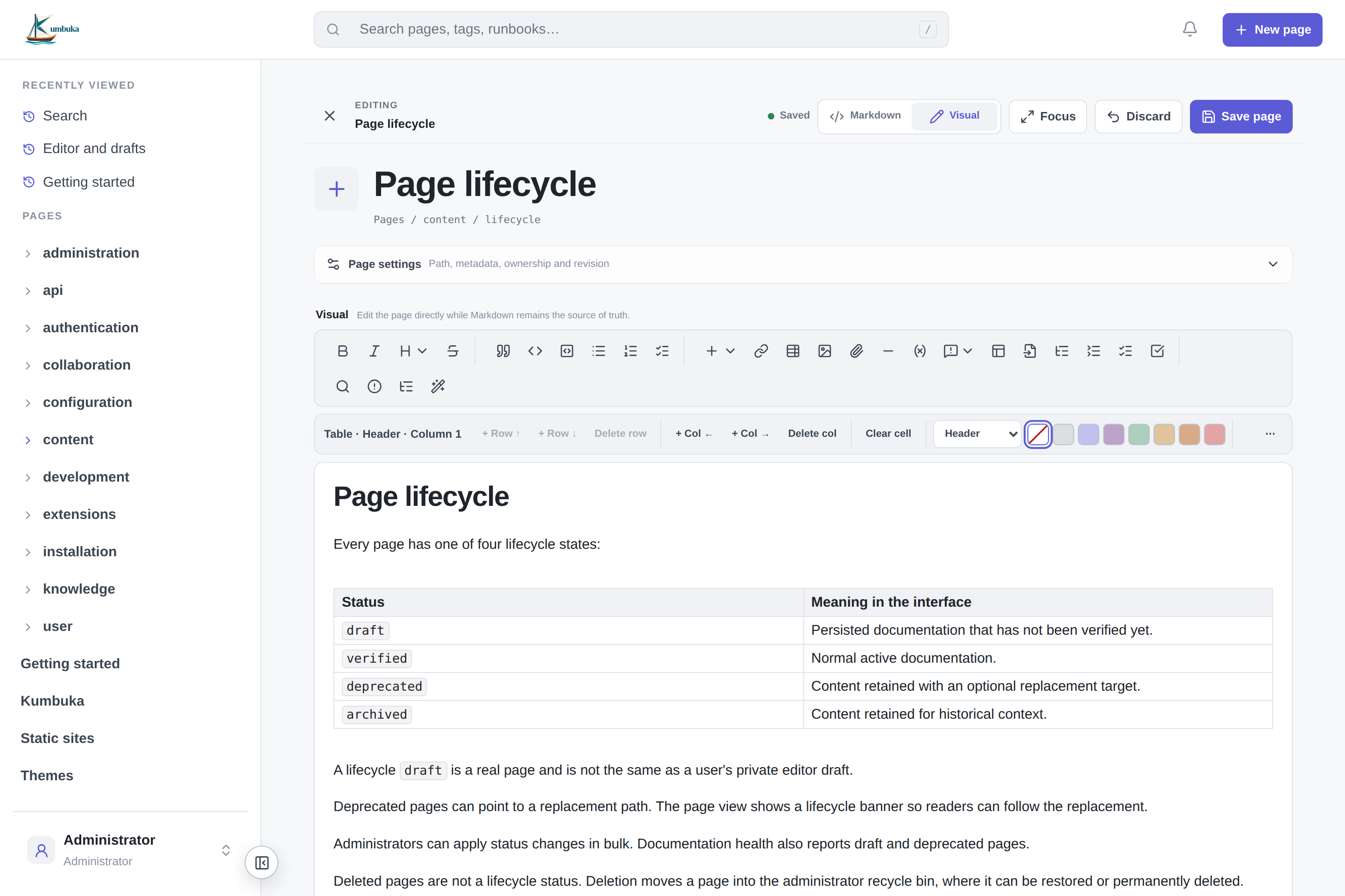 Visual editor with a Markdown table selected and table controls visible