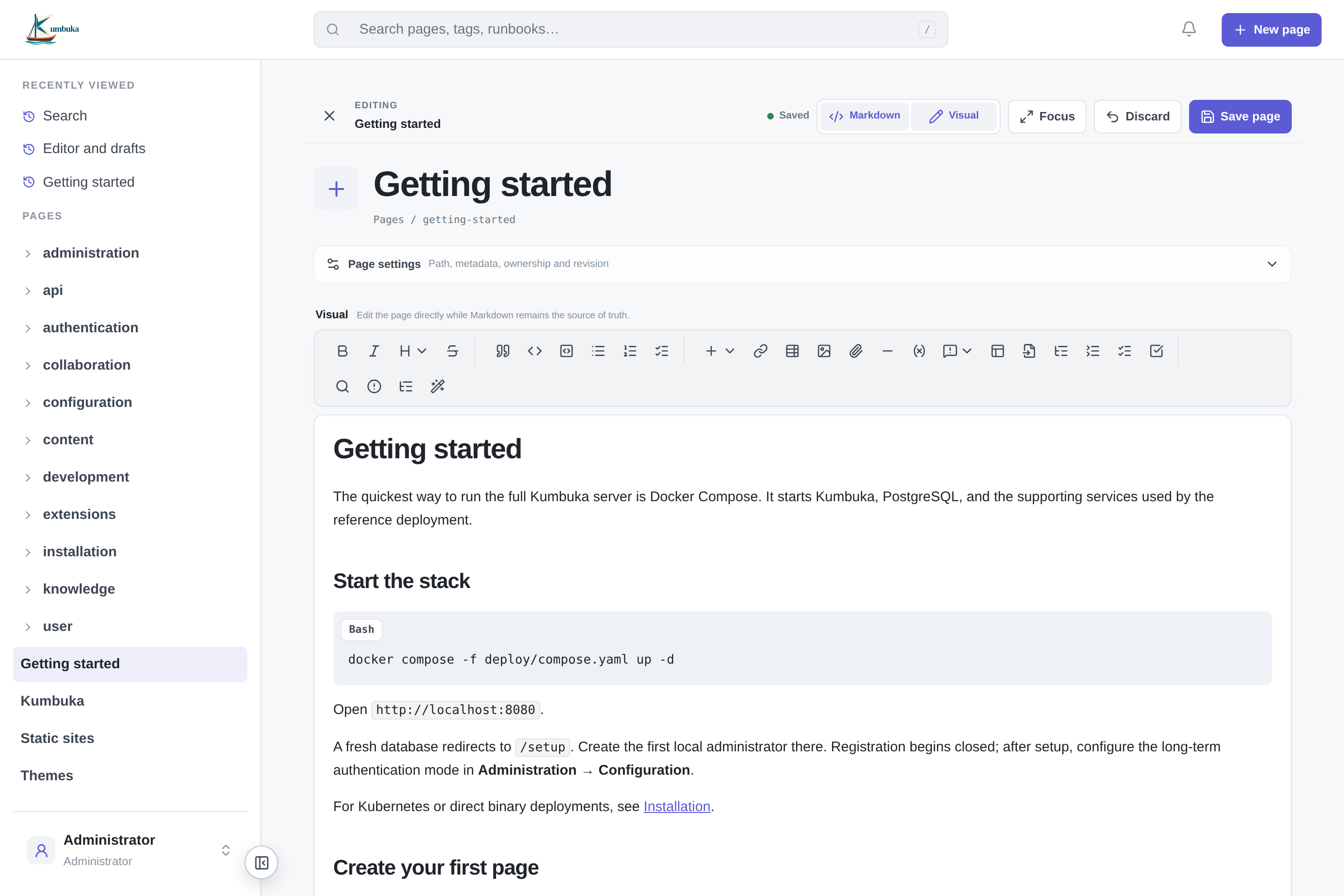 Kumbuka visual editor showing the imported documentation