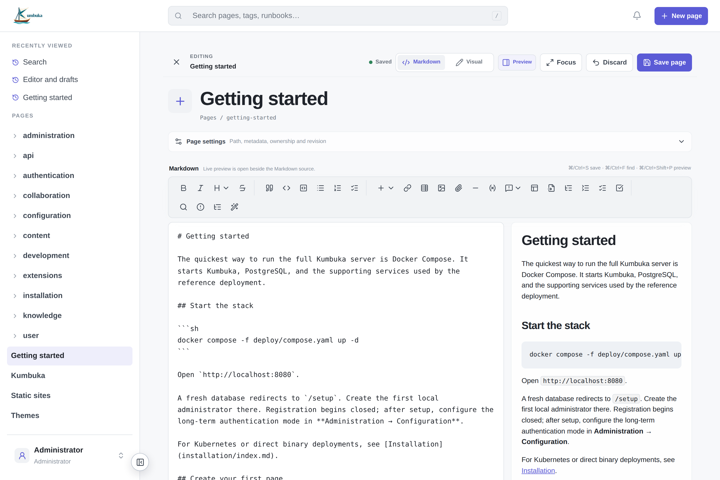 Kumbuka Markdown editor with the preview panel open