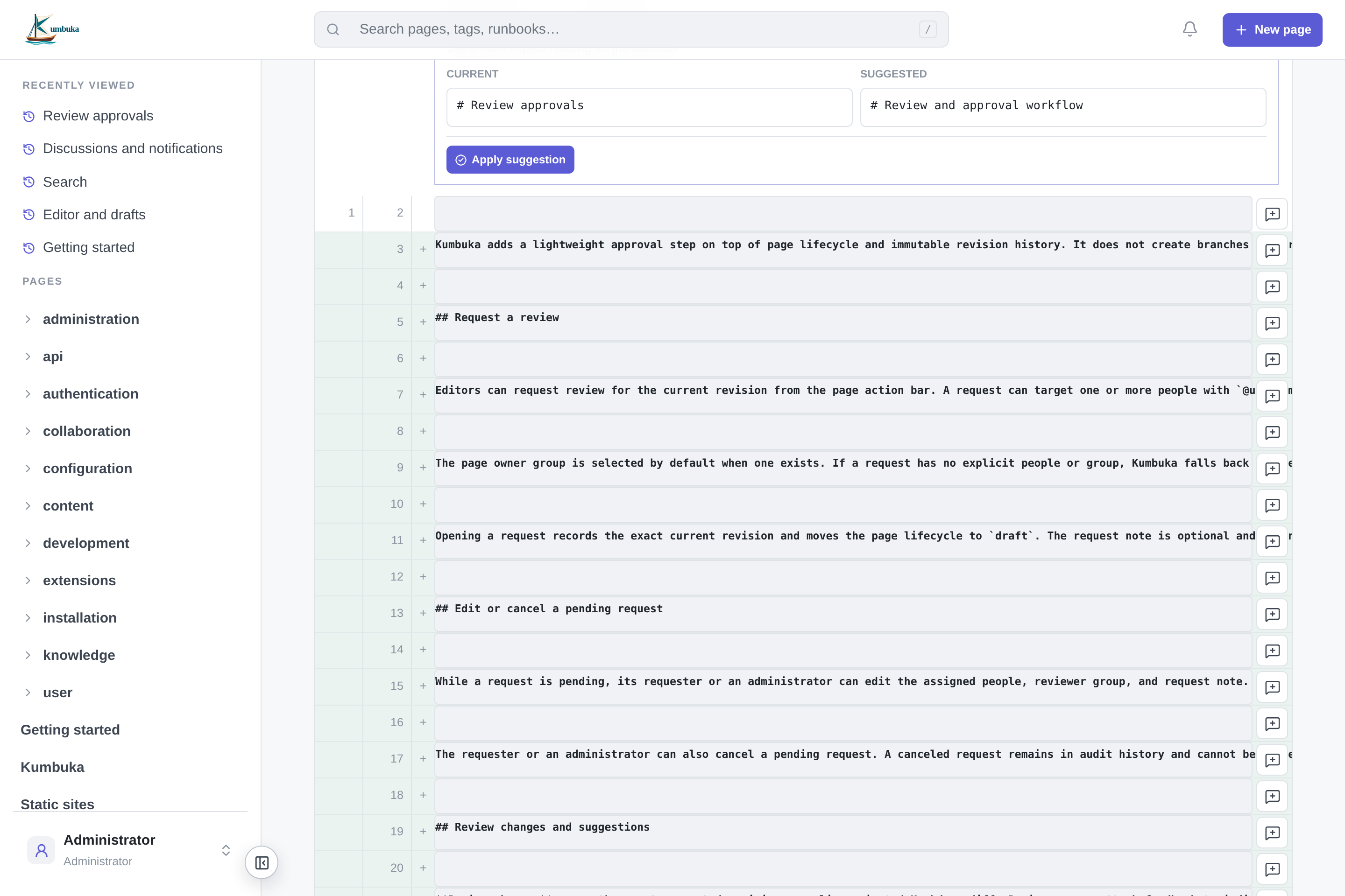 Review diff with an inline Markdown suggestion